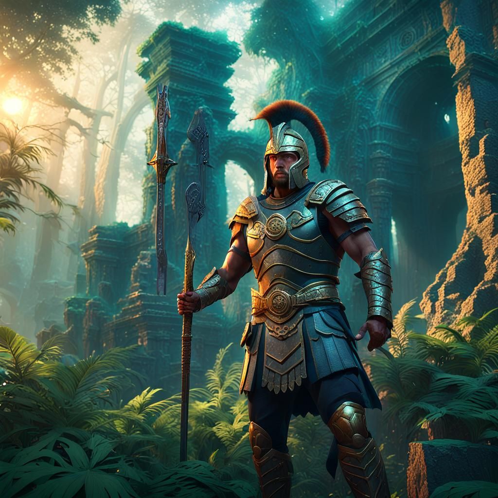 Epic Warrior in Mystical Forest, Fantasy Art
