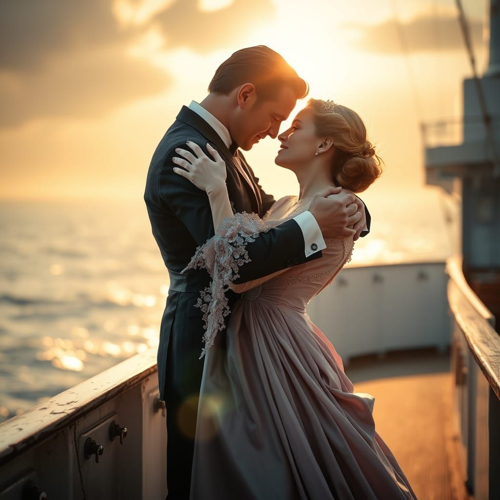 Titanic Scene Recreated with Sunset and Embrace