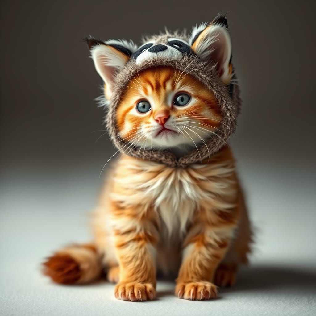 Hyperrealistic Kitten Dressed as Raccoon in Studio Lighting