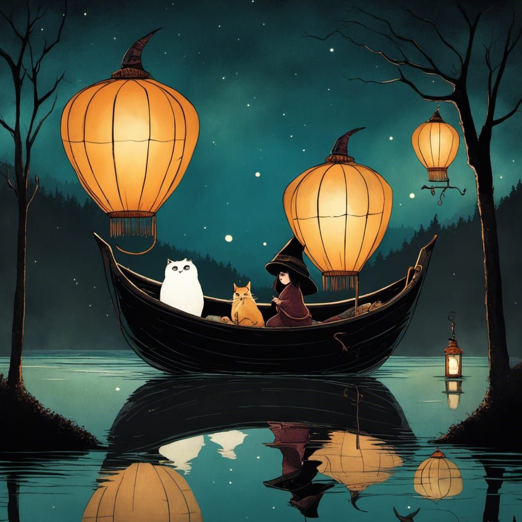 Gothic Witch and Pets on Lake at Night