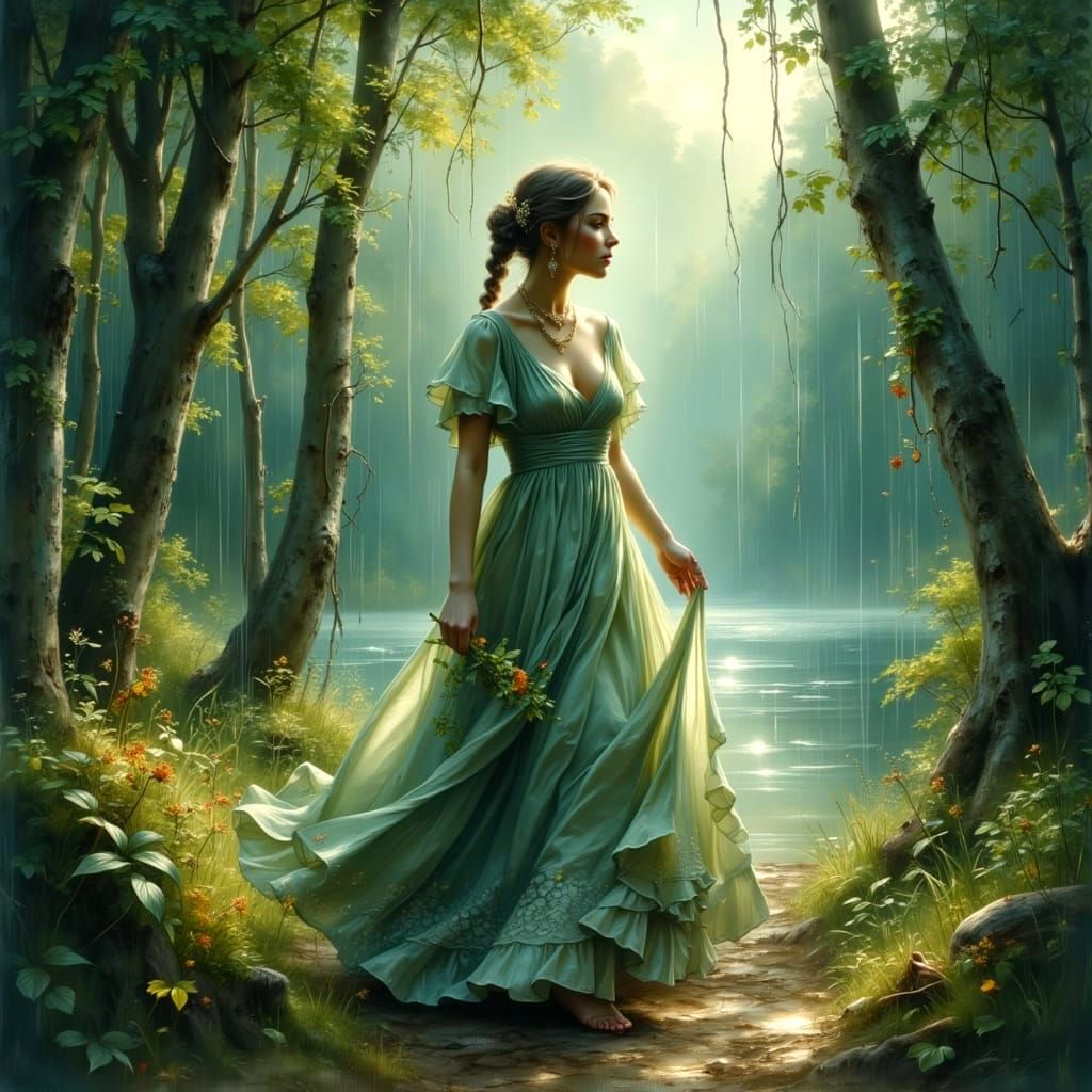 Ethereal Forest Woman in Rainy Landscape