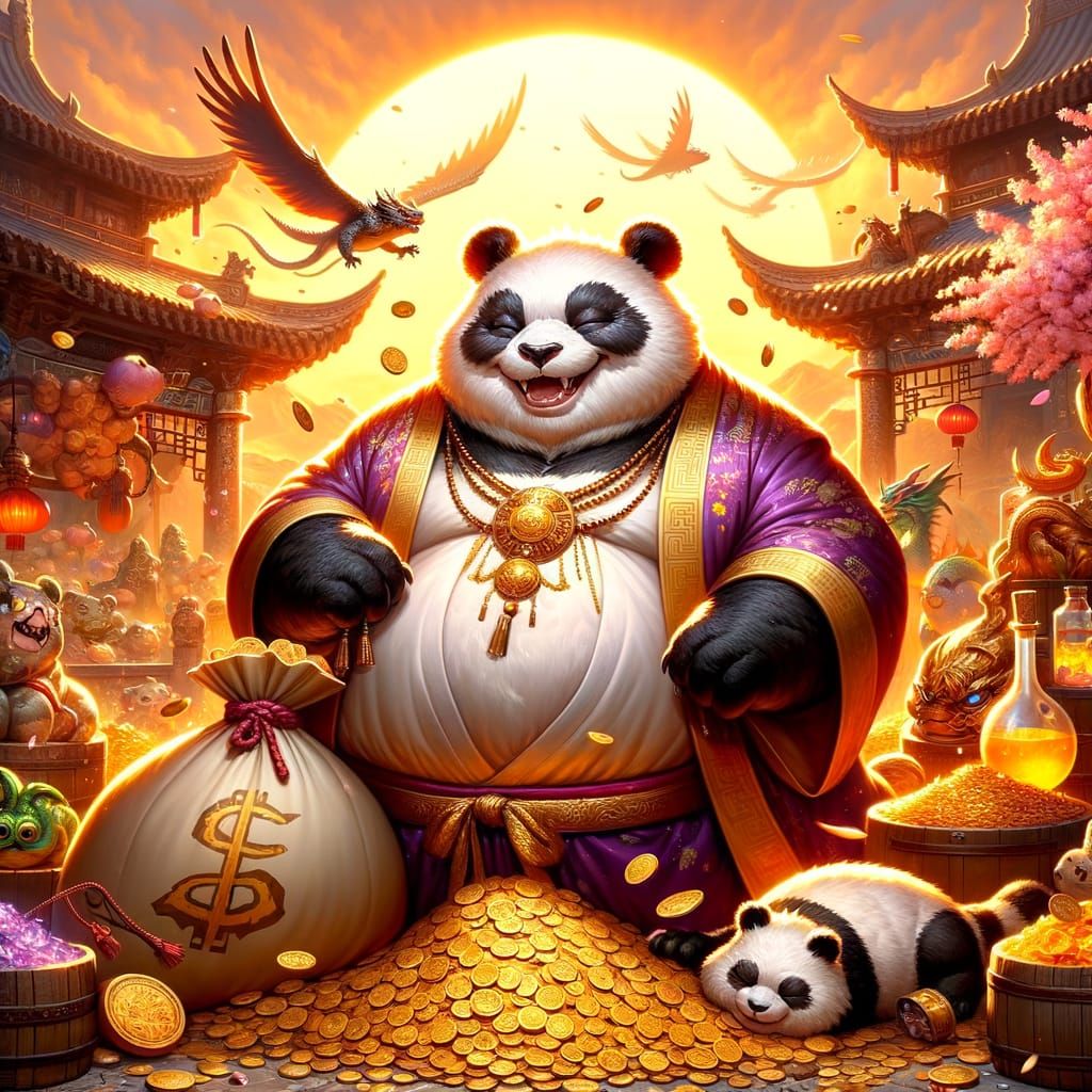 Chubby Panda Merchant in Fantasy Marketplace Digital Paintin...