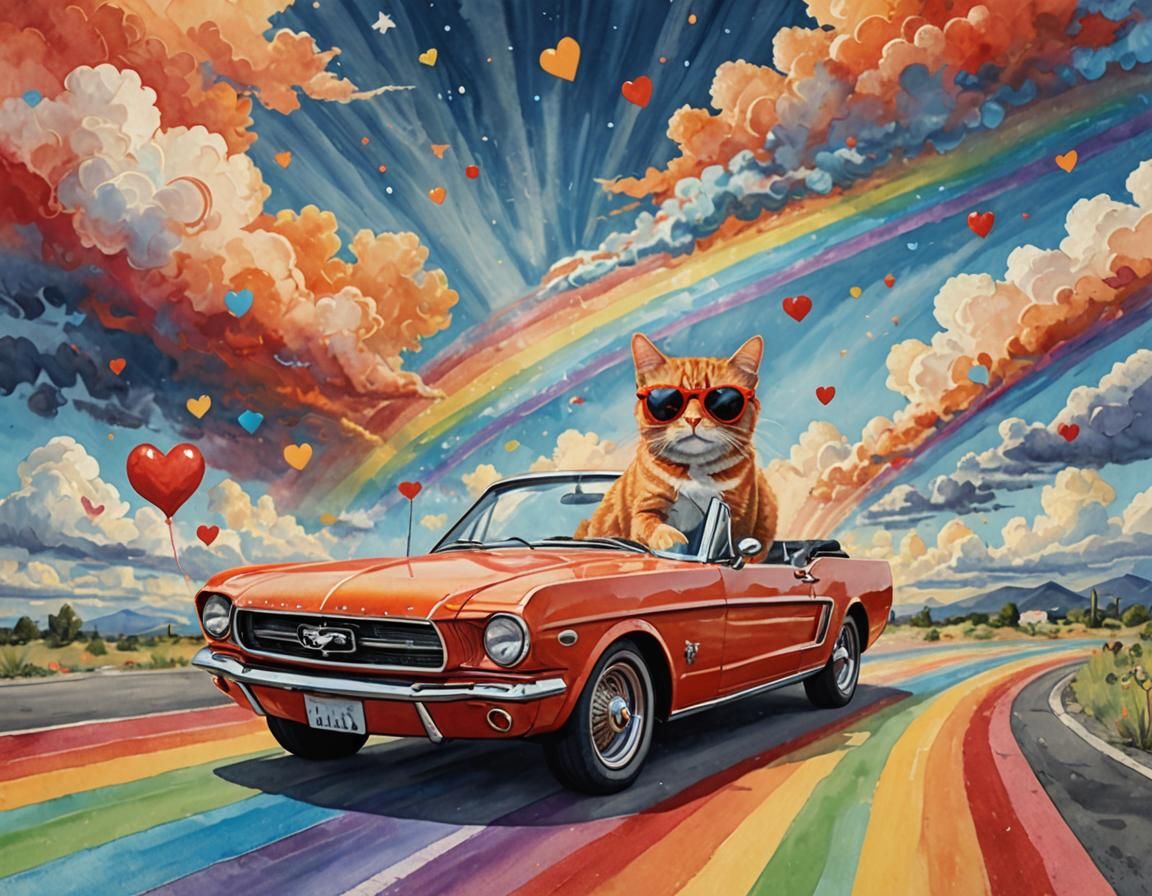 Tabby Cat Drives Mustang on Rainbow Road