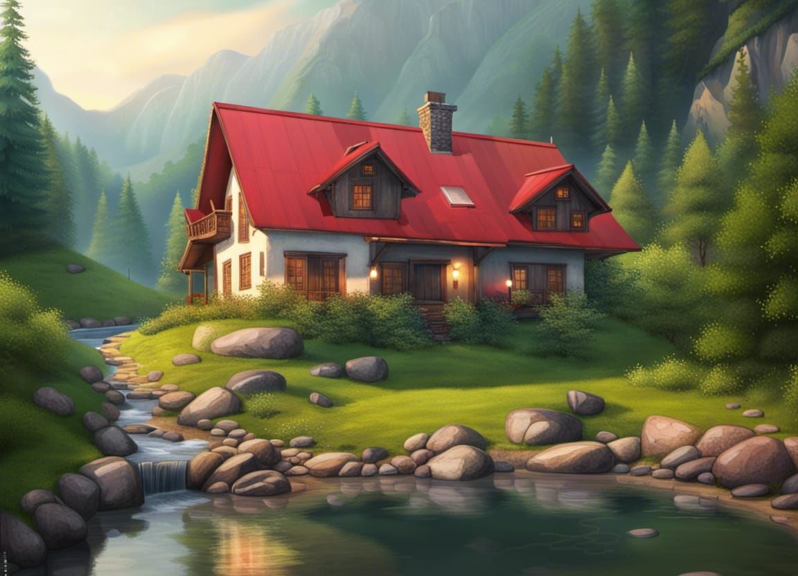 Mountain Home with Red Roof and Green Doors