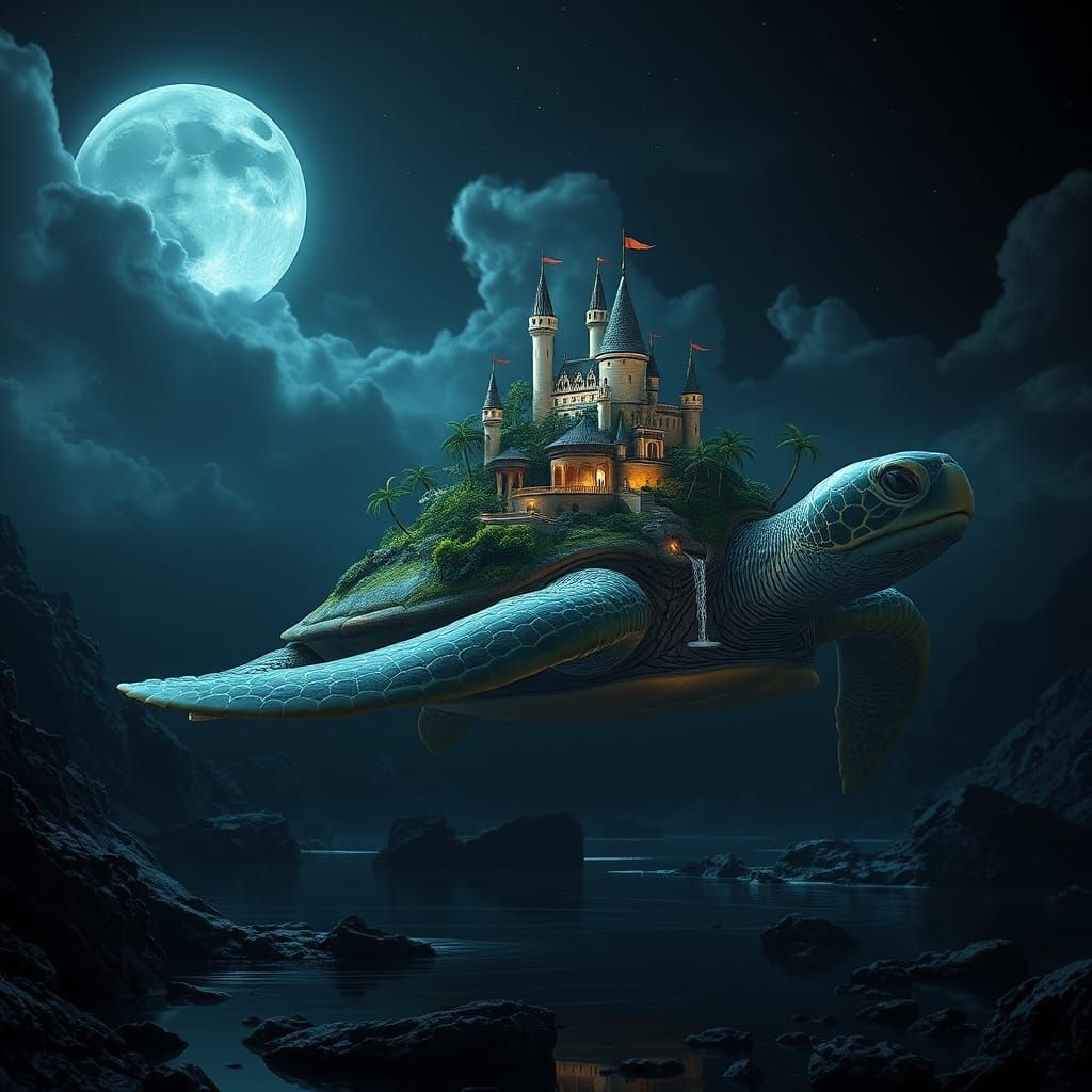 Sea Turtle Island Castle in Dark Ocean