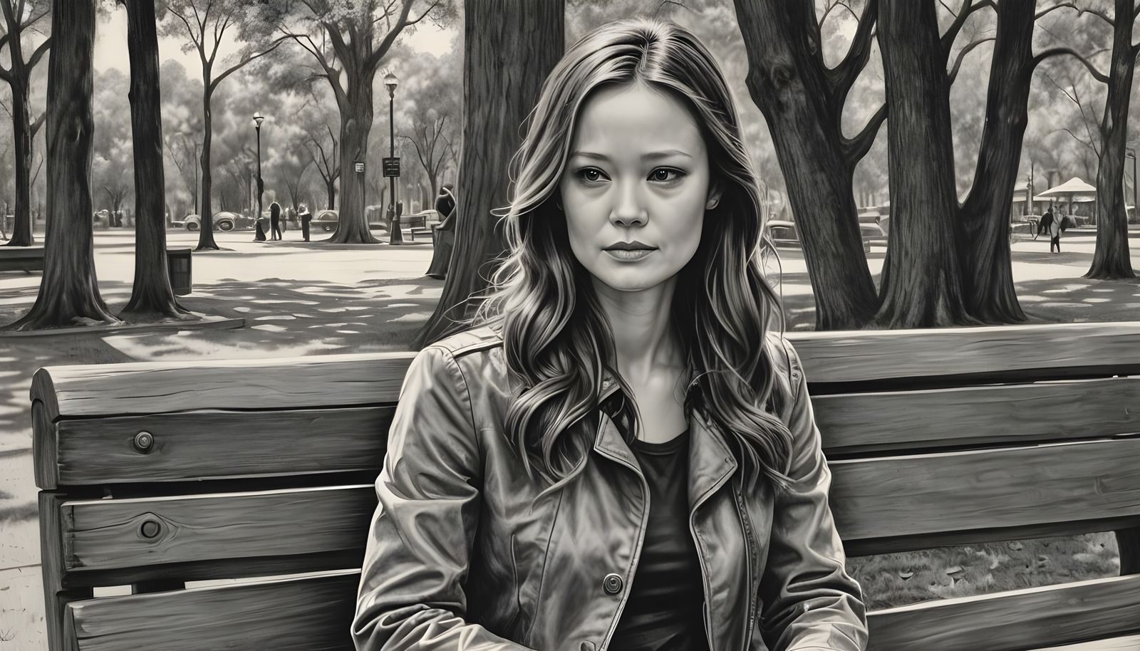 Summer Glau: Hyperdetailed Charcoal Drawing on Bench