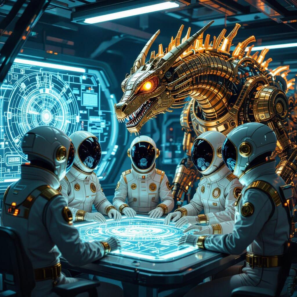 Aliens Study Clockwork Dragon Plans in Retro Sci-Fi Style