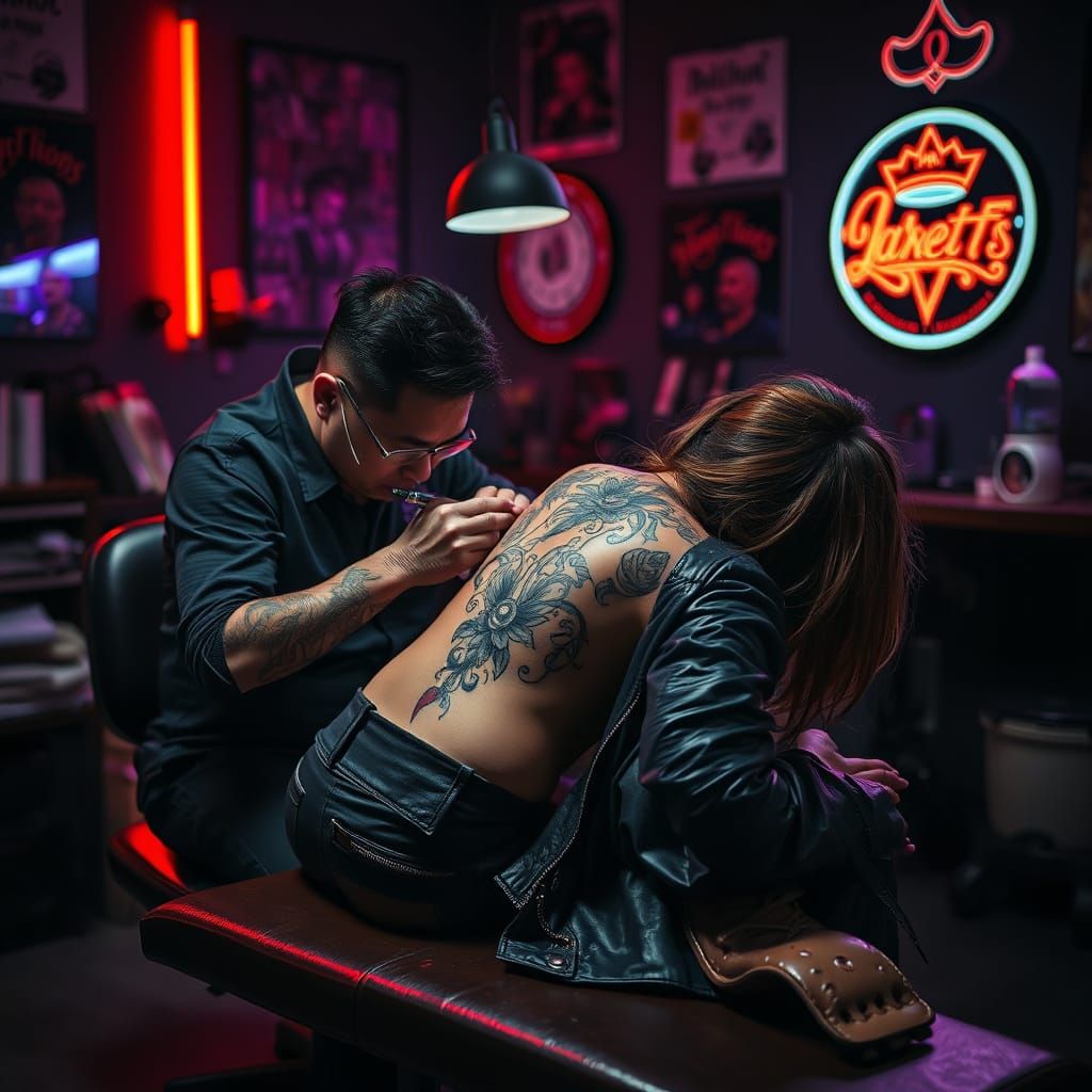 Surreal Tattoo Artist at Work in Gritty Studio