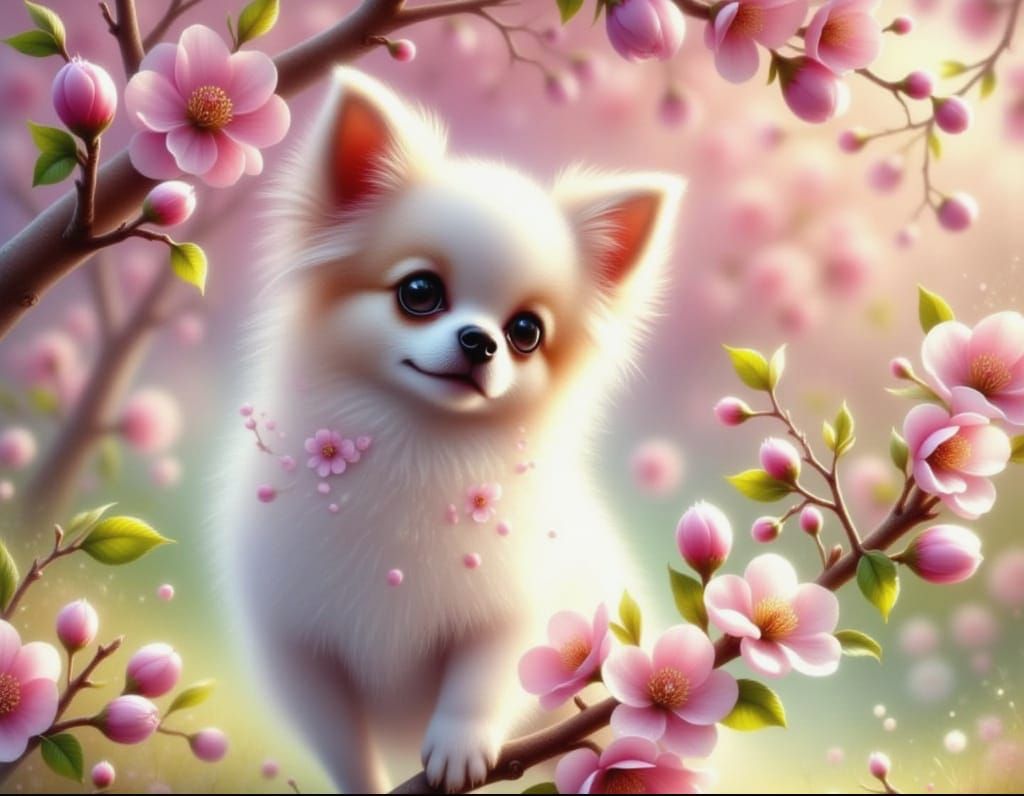 Vibrant Watercolor Springtime Scene with Longhaired Chihuahu...