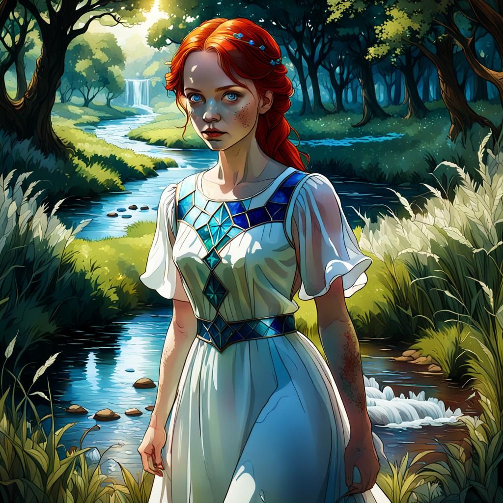 Stained Glass Window Woman in Landscape