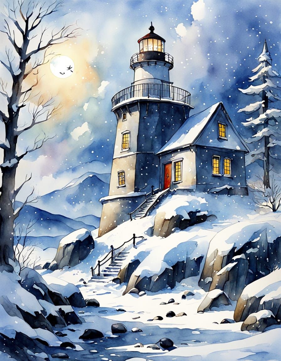 Beautiful Snowy Lighthouse Children's Storybook Illustration