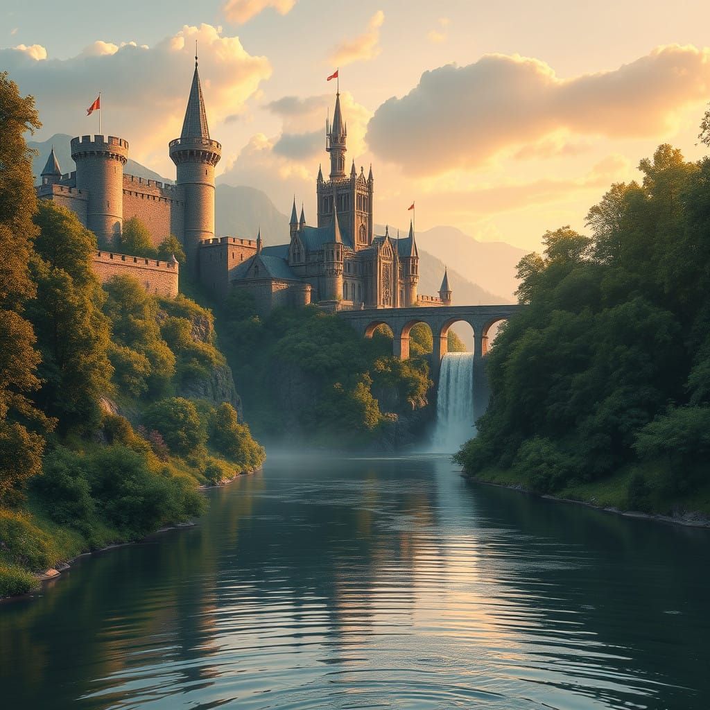 Medieval Fantasy Landscape with Majestic Castle and Fortress