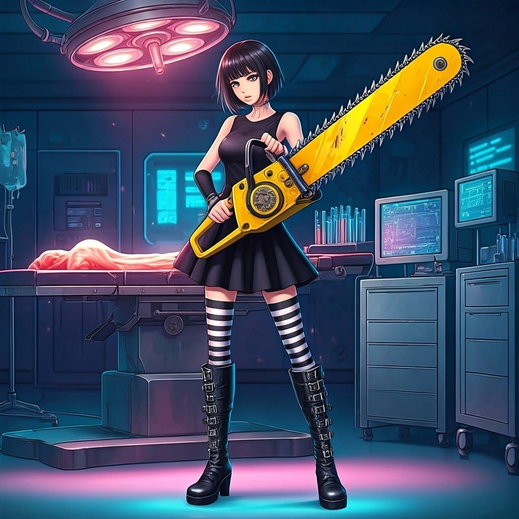 Anime Woman Wields Yellow Chainsaw in Futuristic Medical Lab