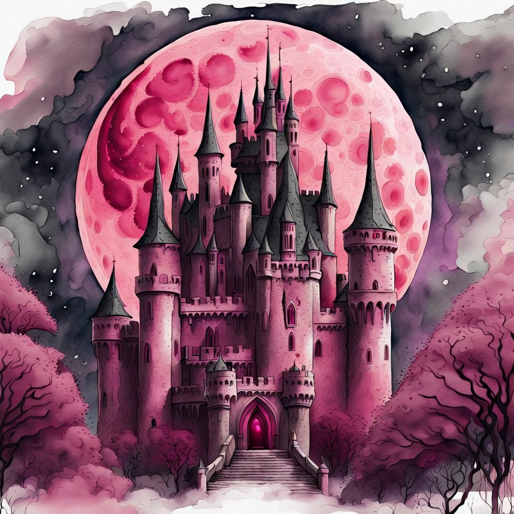 Gothic Castle Under Pink Moon: Watercolor Illustration