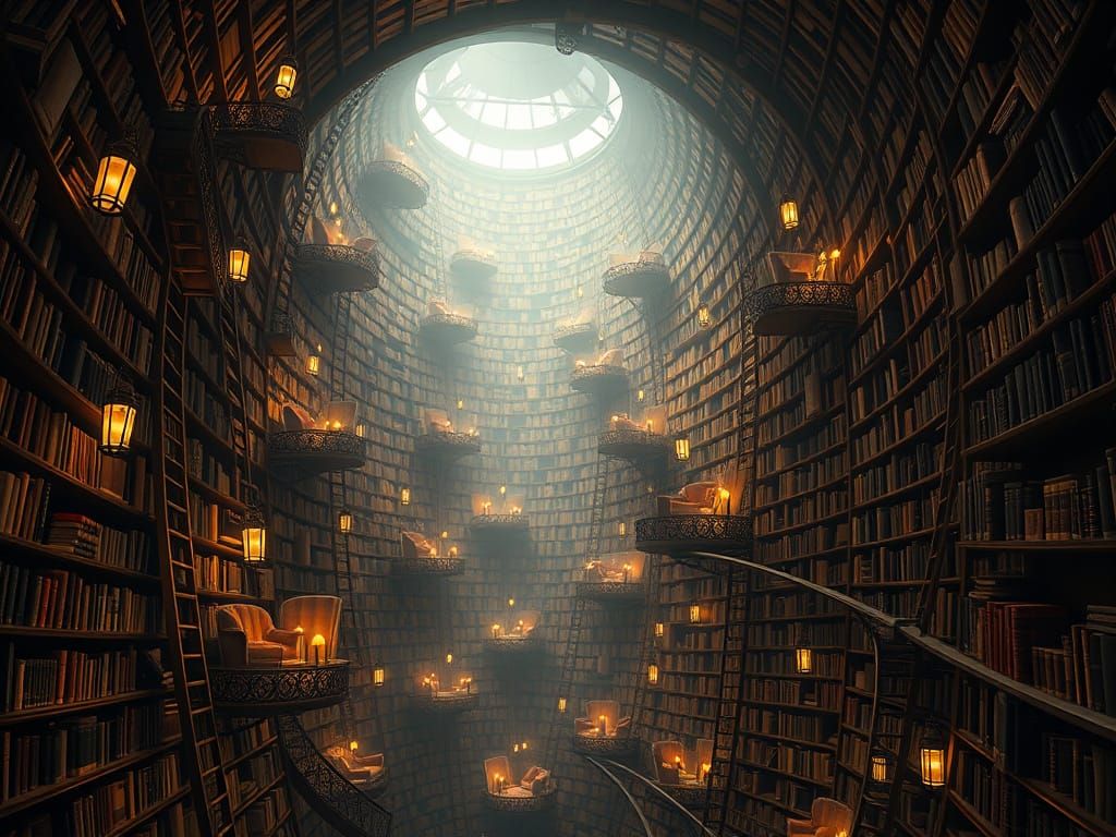 Endless Labyrinthine Library in a Dreamlike Atmosphere