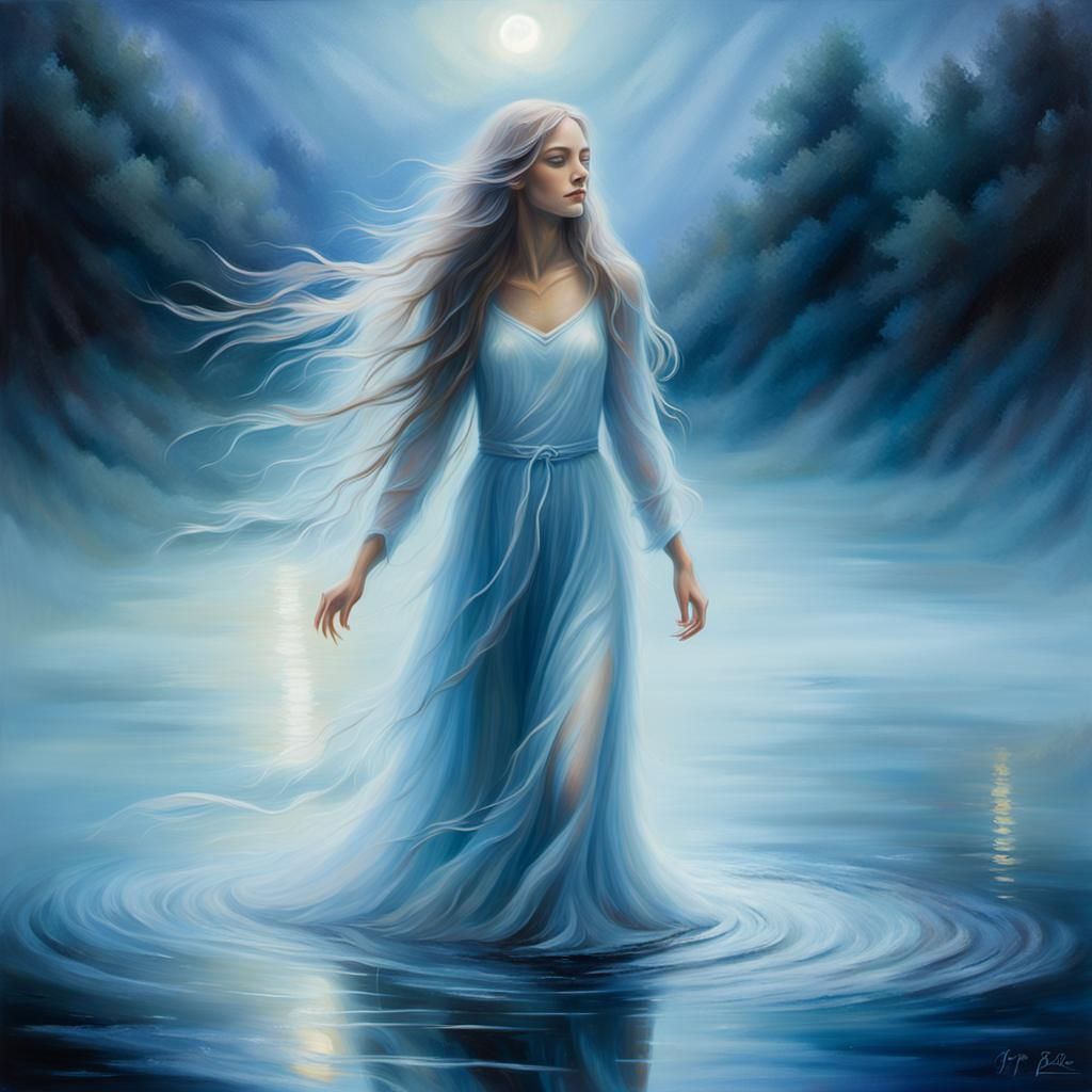Ethereal Spirit Emerging from Misty Lake as Impressionist Oi...