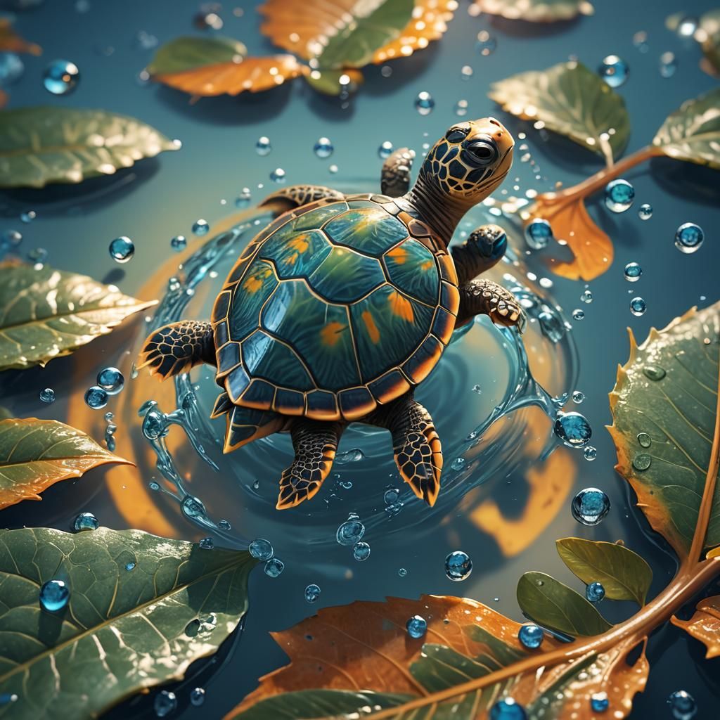 Tiny Sea Turtle in Water Drop: Photorealistic Art