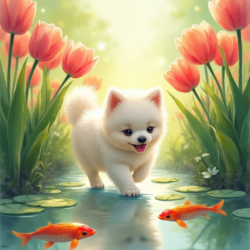 Samoyed Puppy in Luminous Garden, Watercolor Style