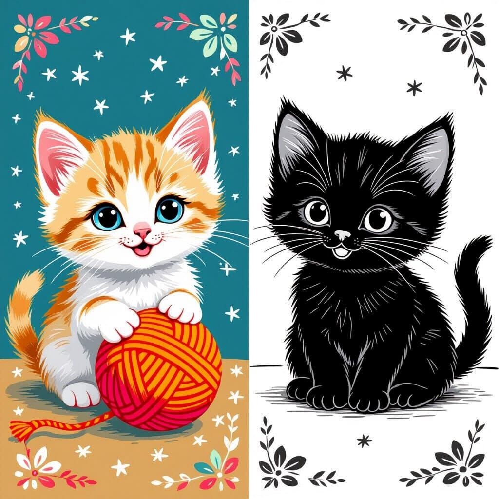 Whimsical Kitten Playing with Wool Ball, Illustrative Style