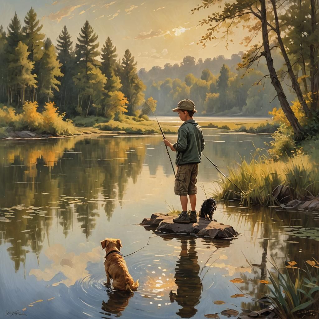 Boy Fishing with Dog in Impressionist Oil Painting