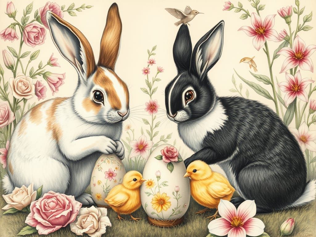 Bunnies and Chicks Painting Easter Eggs: Vintage Charcoal Dr...