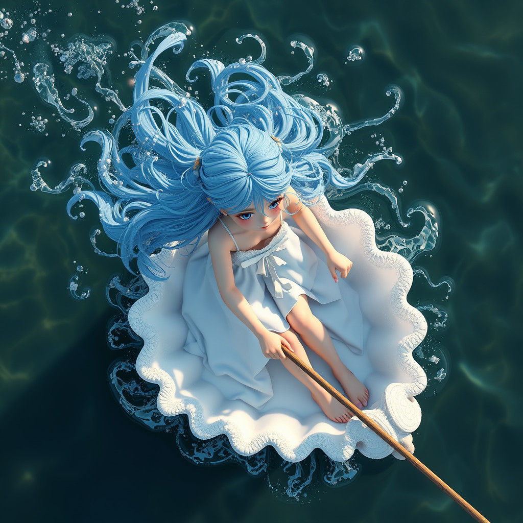 Anime Girl with Water Hair in Seashell Boat