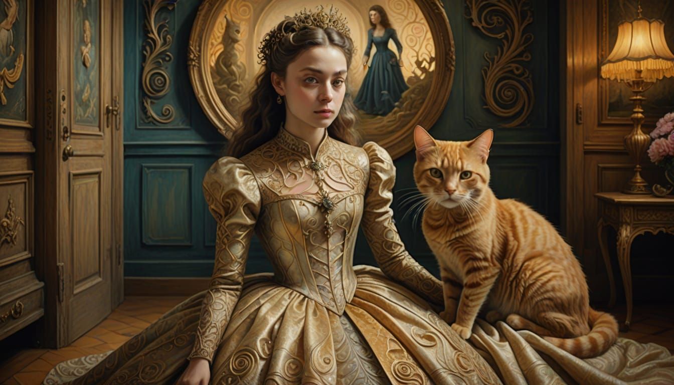 Whimsical Girl and Cat in Dreamlike Room