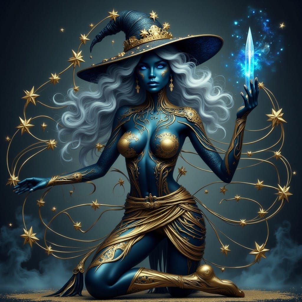 Dark Witch with Golden Runes in Digital Art Style