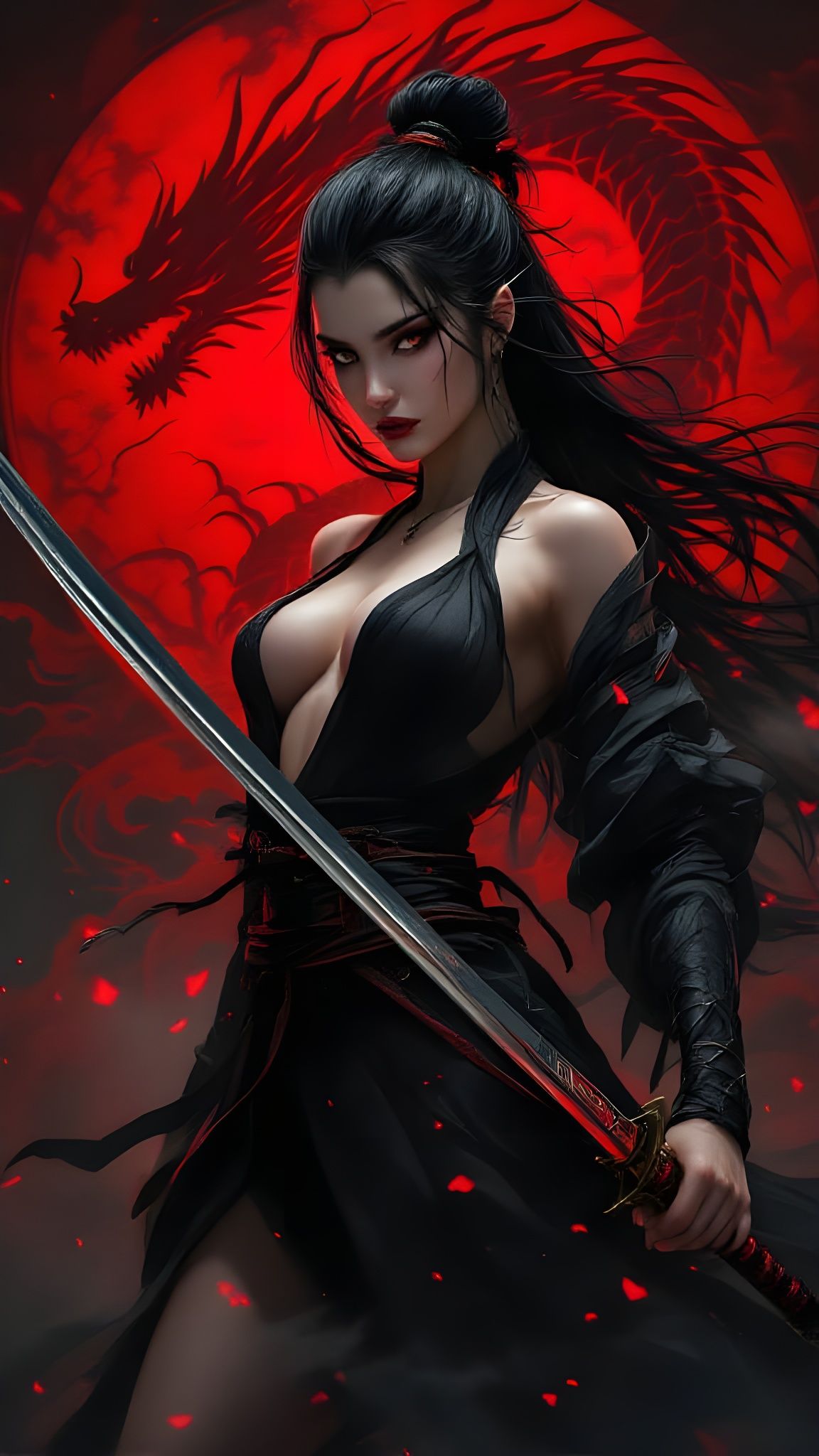 Anime Samurai Woman Holding Sword Amidst Dragon Pattern