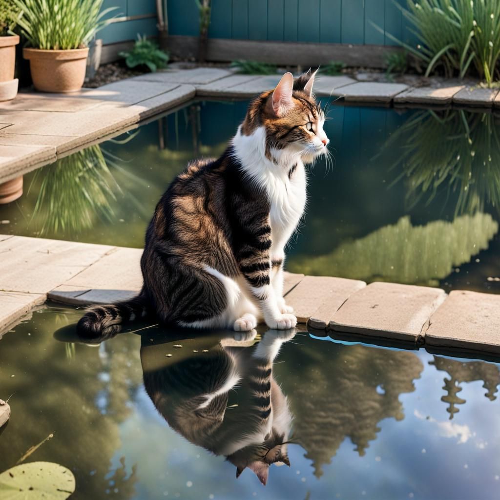 Cat Contemplates Reflection in Pond Water