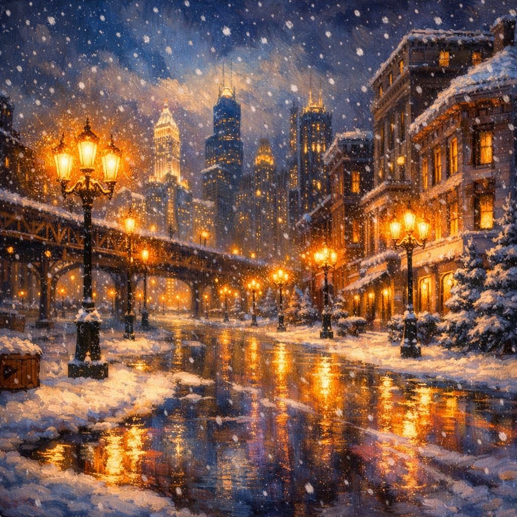 Peaceful Winter Night on Chicago Street Painting
