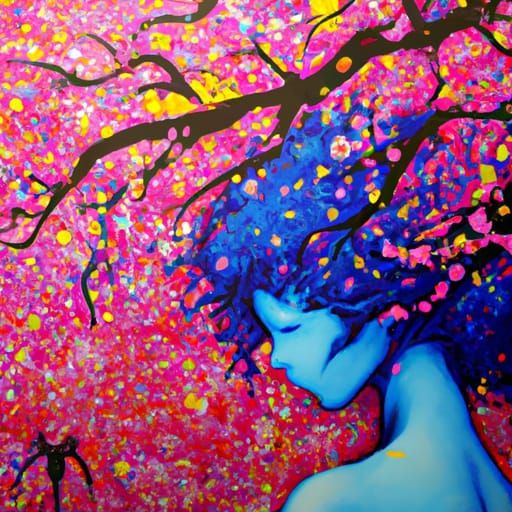 Young Woman Under Cherry Blossoms in Graffiti Art