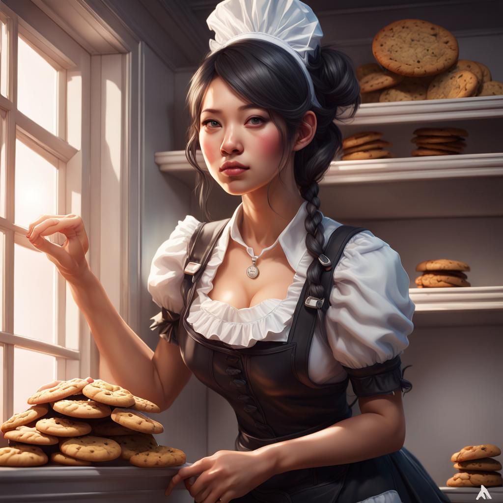Asian Maid Reaching for Cookies, Hyperdetailed Art