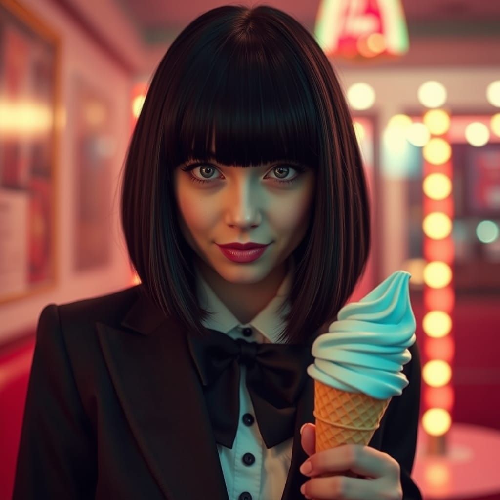 Stunning Goth Girl Enjoying Ice Cream in a Cinematic Scene