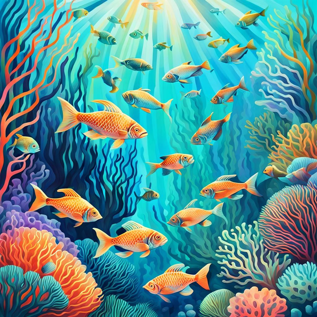 Colorful Coral Reef Scene in Naive Art Style