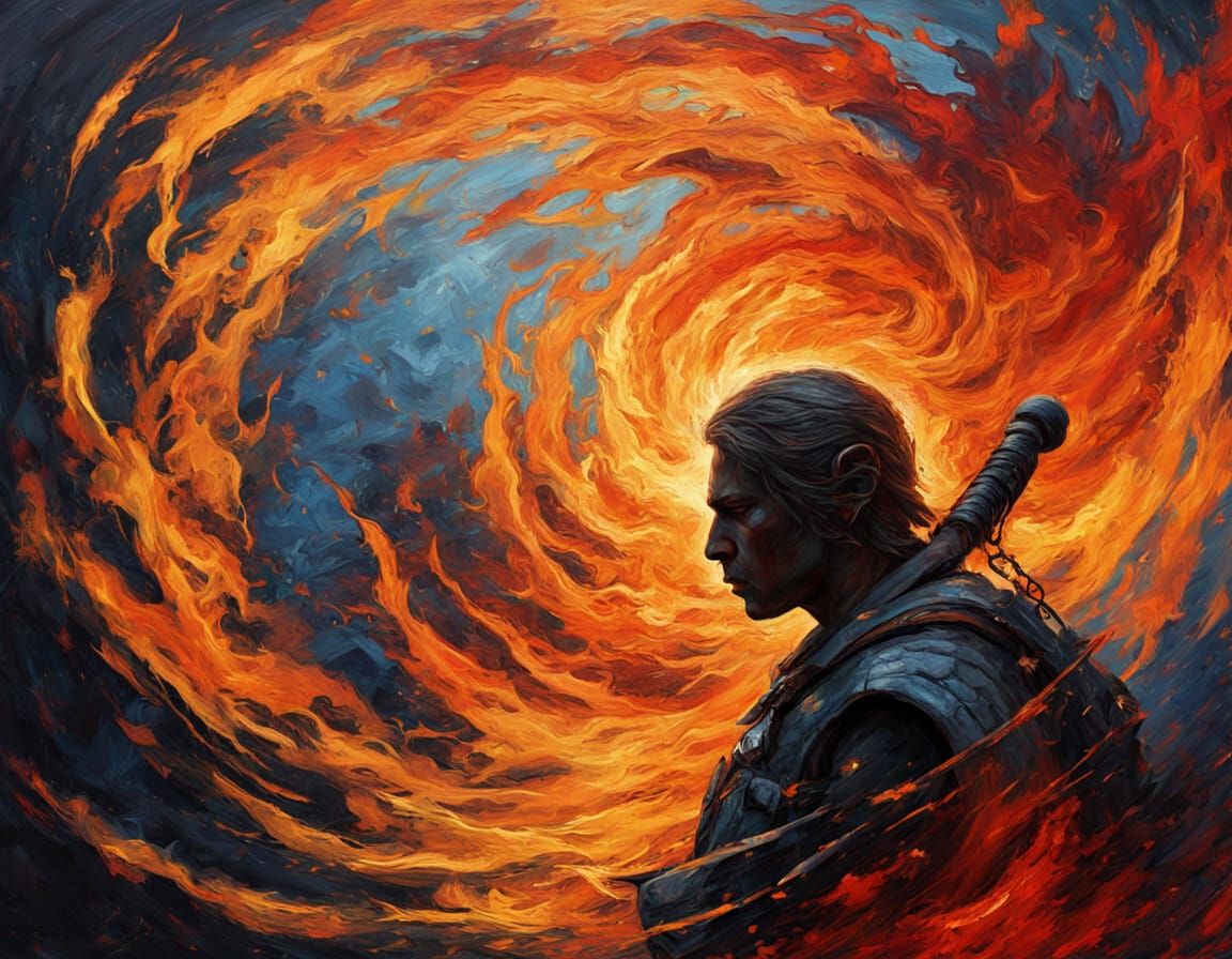 Geometric Warrior in Fiery Vortex - Neo-Impressionist Style
