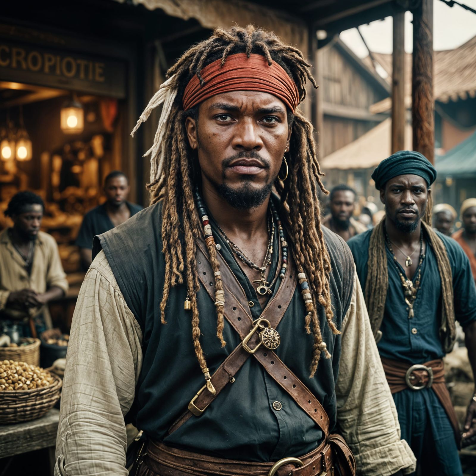 Cinematic Pirate Warlord at Port with Crew