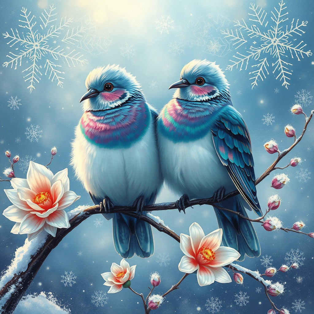 Turtle Doves in Winter Wonderland: Visionary Art