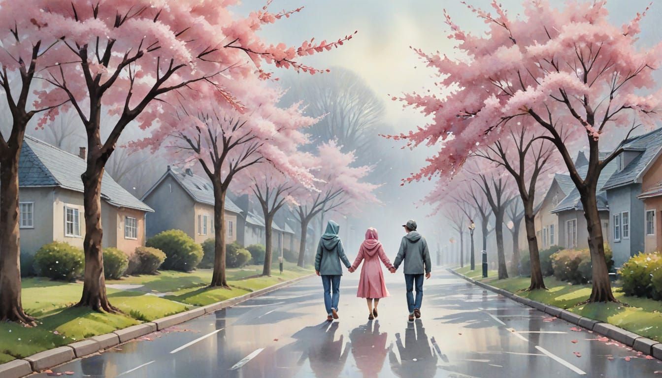 Whispers in Soft Pink Hues, a Watercolor Scene of Hooded Str...