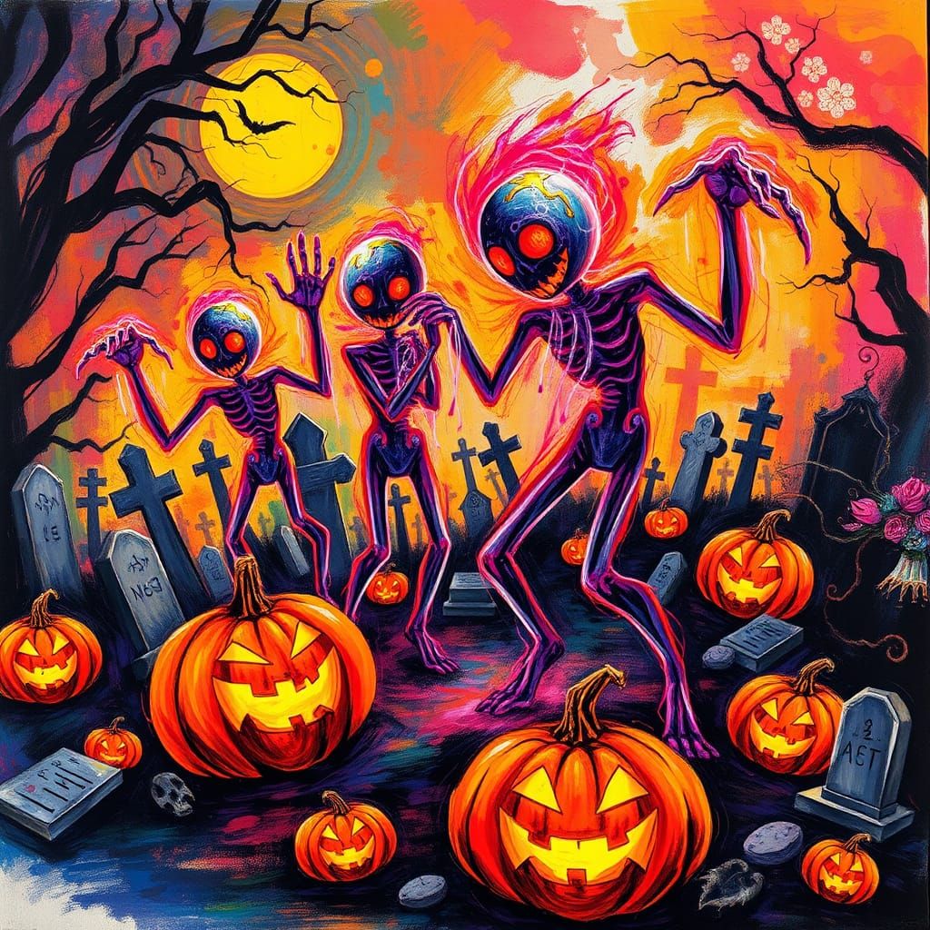 Vibrant Neon Halloween Drawing with Dancing Ghosts