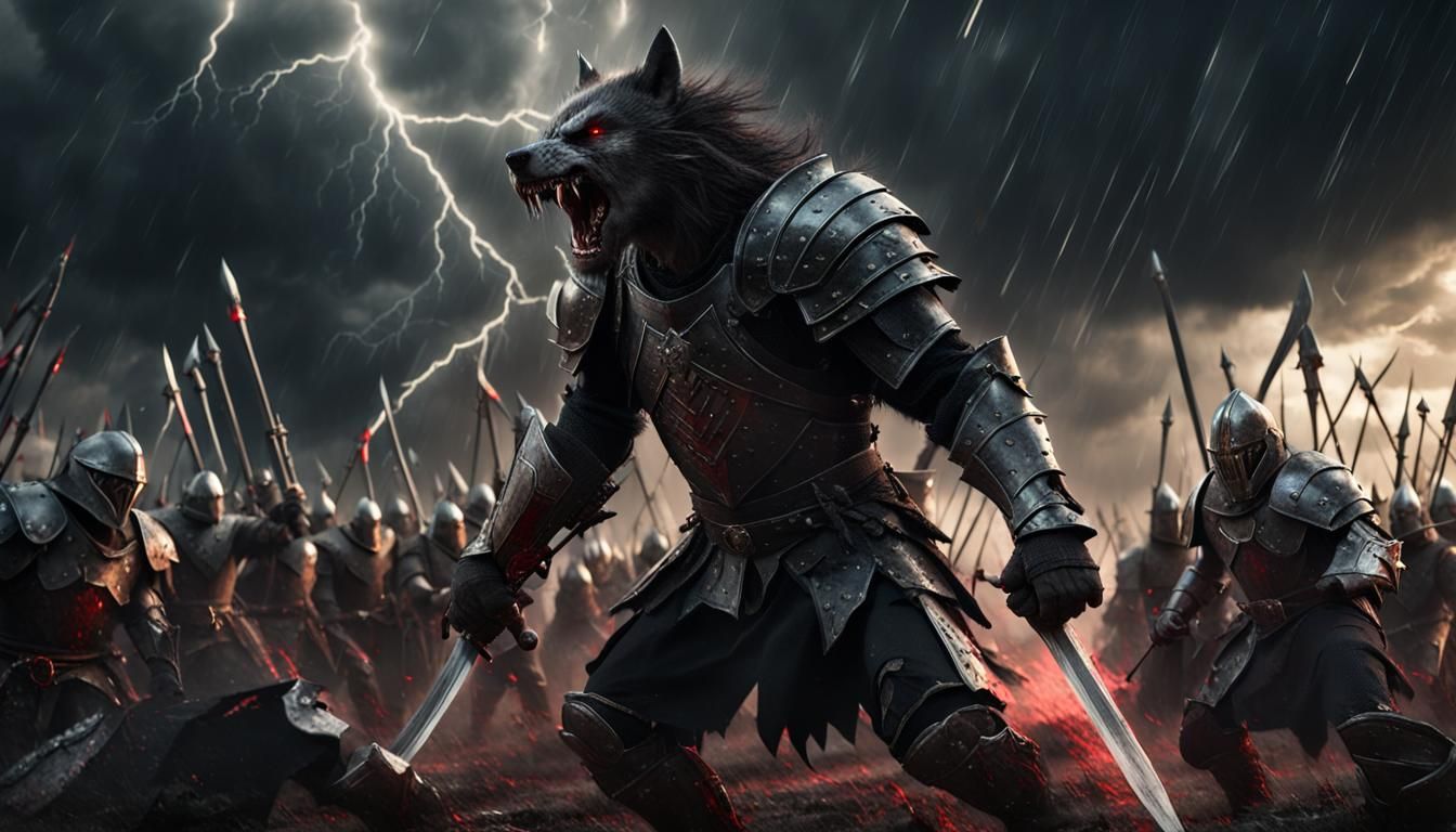 Werewolf Warrior Battles Knights on a Stormy Plain