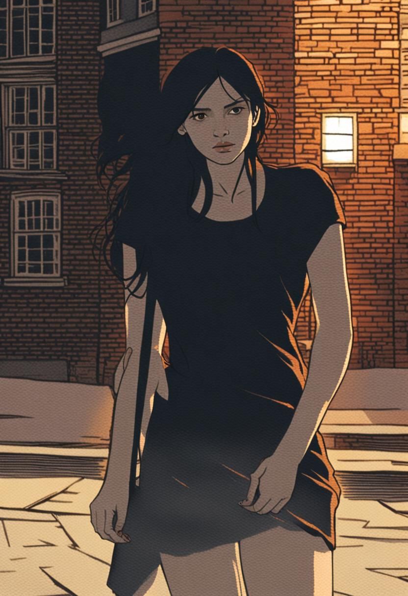 Melancholic Young Woman Walks a Dimly Lit Street