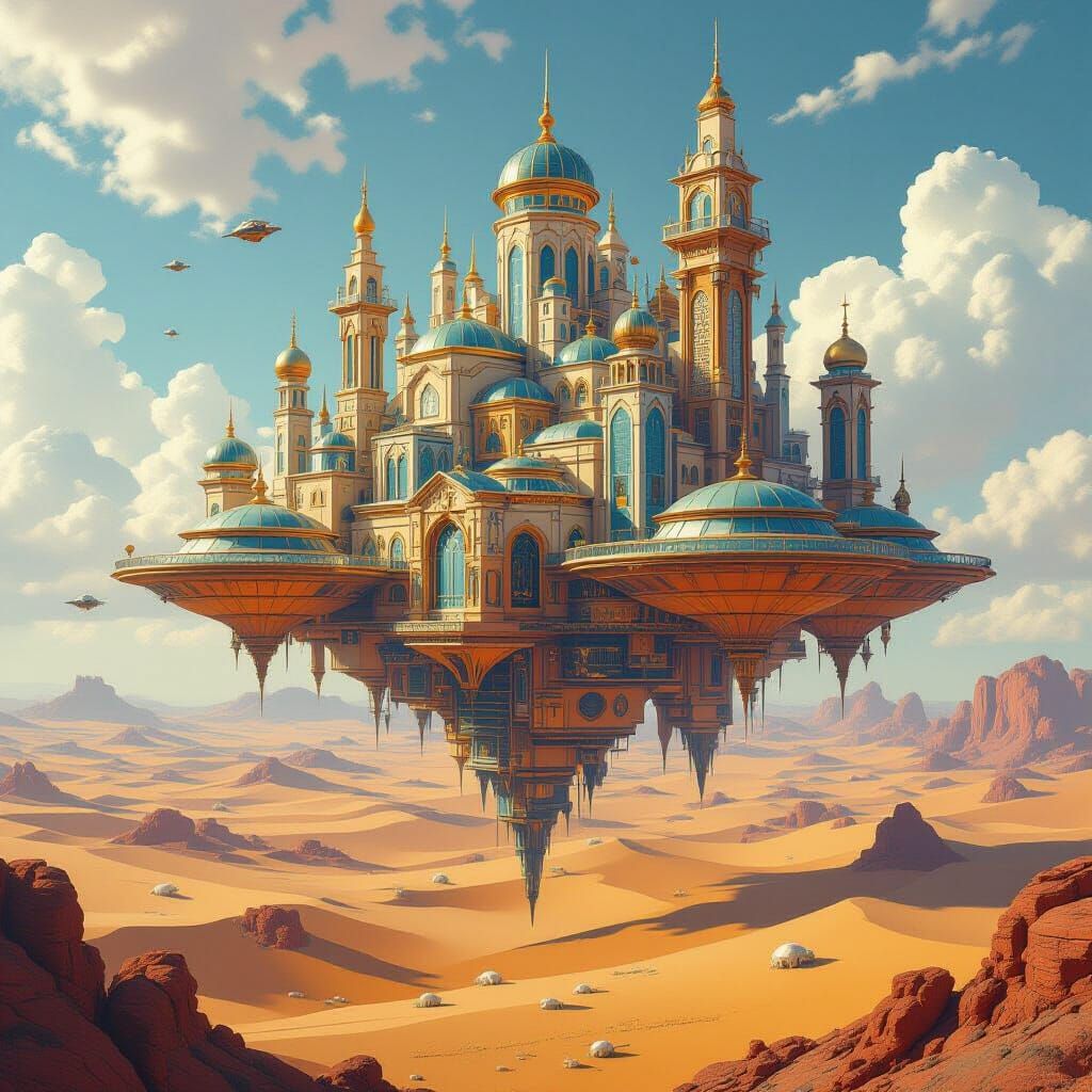 Floating Geometric City in Desert with Whimsical Creatures