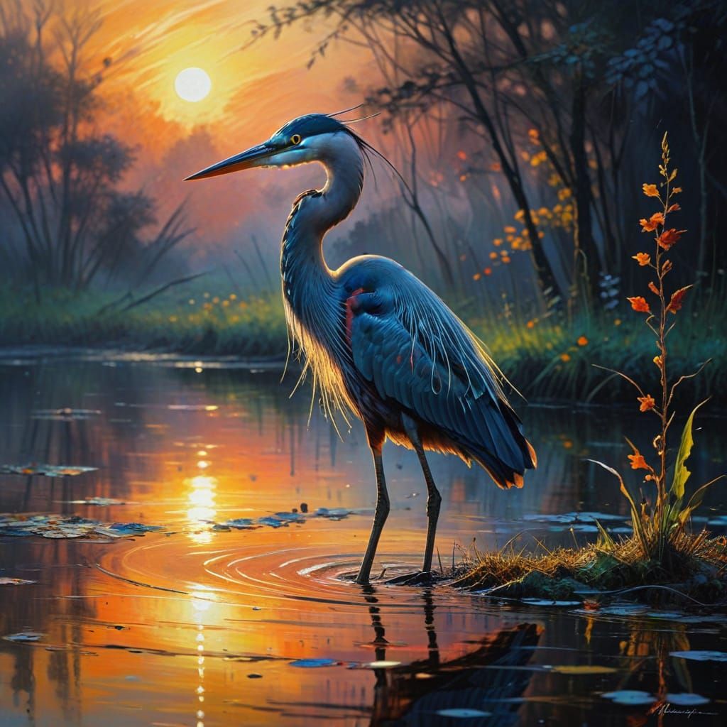 Surrealistic Impressionist Lake Scene at Sunset