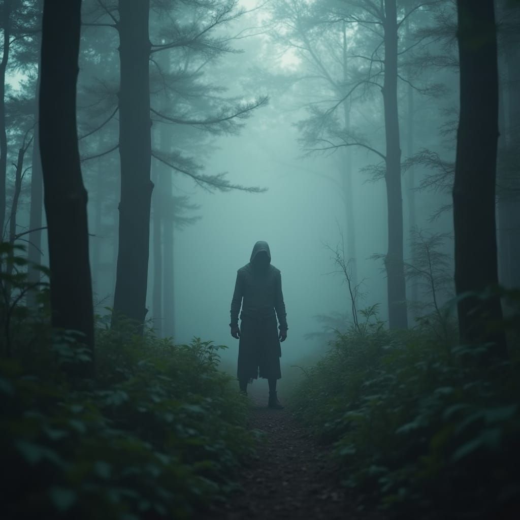 Eerie Silhouette in Misty Forest Photo