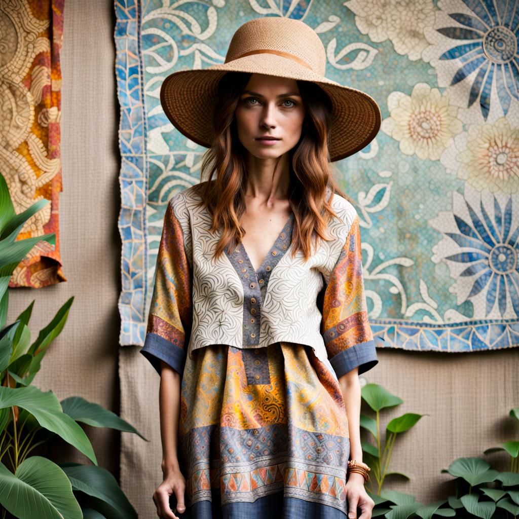 Seurat-Inspired Batik Person in Linen Hat