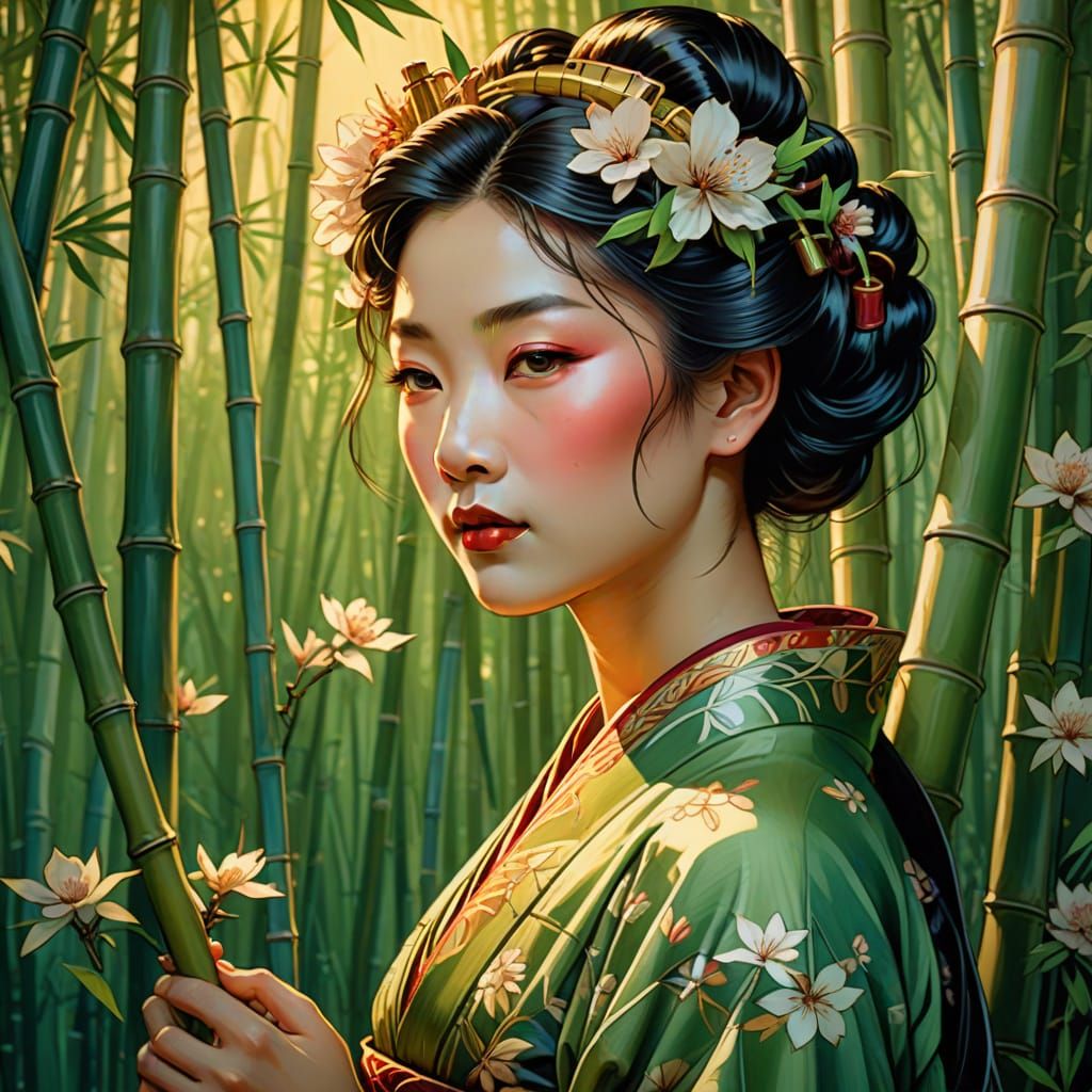Geisha in Bamboo Forest, Art Nouveau Portrait