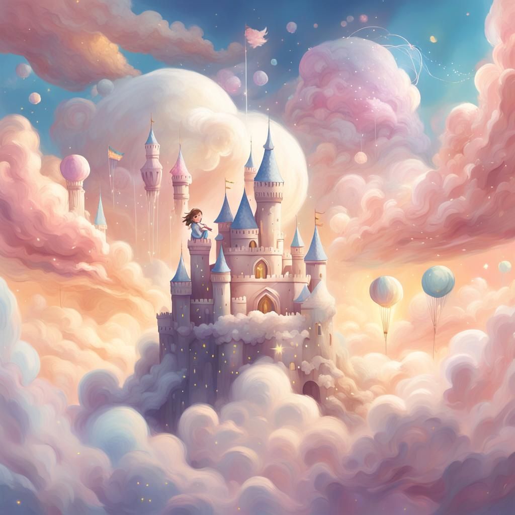 Child Building Cloud Castle in Dreamy Sky