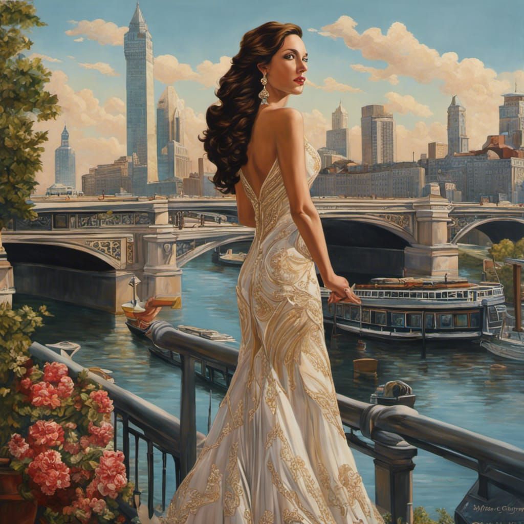 1950's beautiful sophisticated woman in evening dress by river