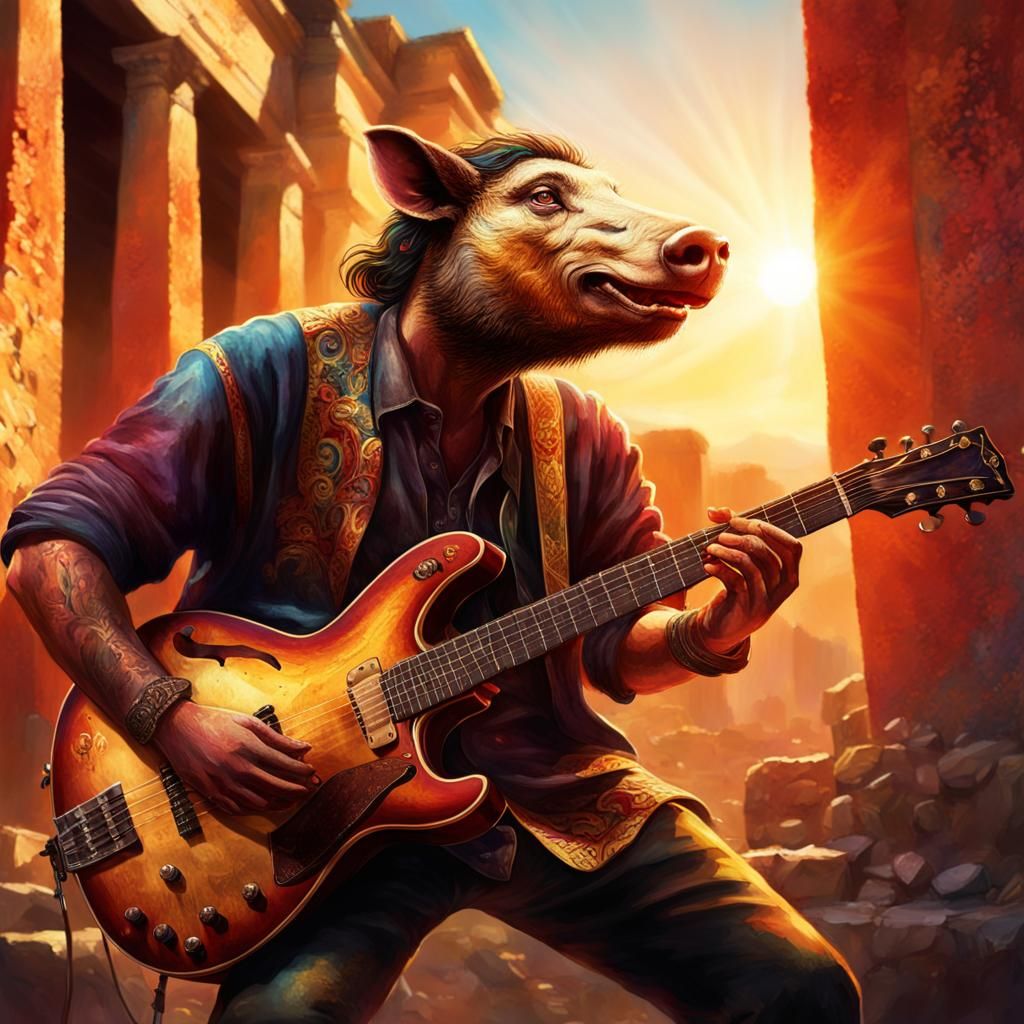 Boar Guitarist Rocks Pompeii: Hyperrealistic Concept Art